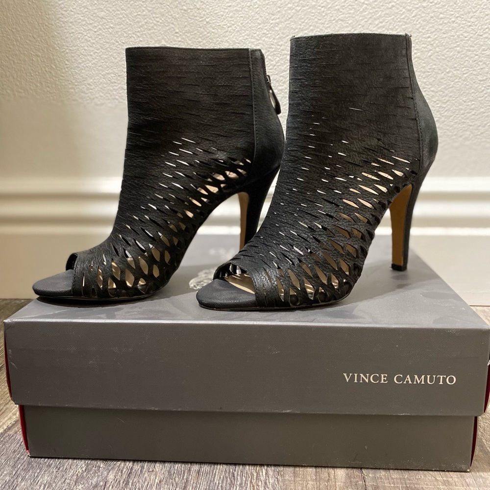 Vince Camuto high heel booties, open toe, laser cut detail, zipper back